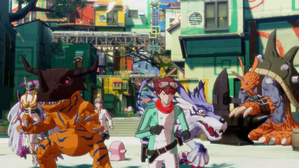 Capture du jeu Digimon avec des personnages humains et des Digimon comme Agumon et Garurumon dans un environnement urbain coloré