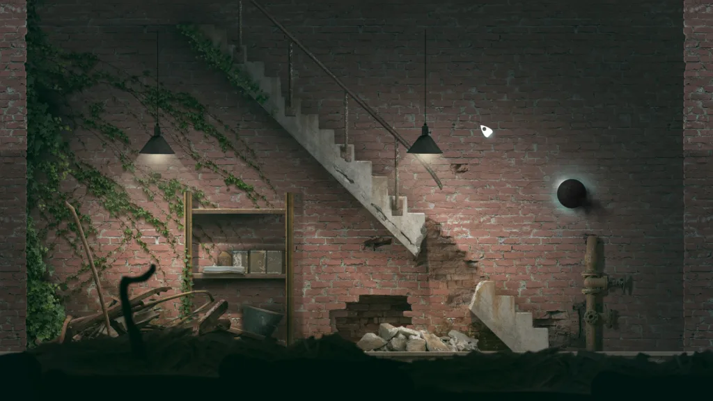 Capture de jeu vidéo montrant un sous-sol en ruine avec un escalier effondré, des murs en briques envahis de lierre et des débris au sol