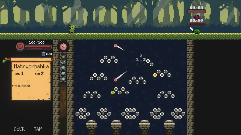 Capture d'écran d'un jeu en pixel art montrant une phase de combat avec des balles rebondissantes et la carte « Matryorbshka » (DMG 1, CRIT 2, 1x Multiball)